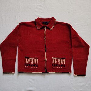 Vintage VaJeany Red Equestrian Cardigan Sweater - Horse Graphic - Size L- 90s